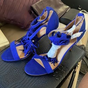 Blue fringe high heeled sandals
